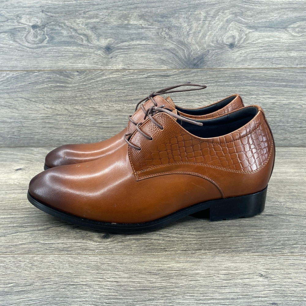 Calto Elevator Dress Shoes Mens 8 Brown Croc Embossed Leather Oxford Y340815